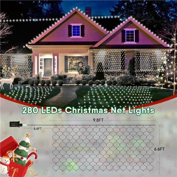 Christmas Net Lights, 280 LED Mesh Lights 9.8FT x 6.6FT 8 Modes Waterproof - Picture 6 of 7